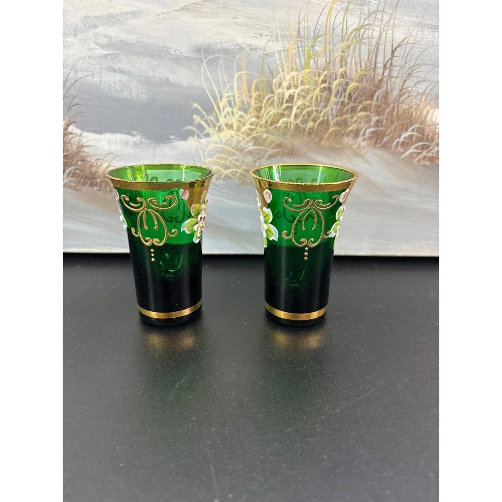 Vintage Bohemian Emerald Green Glass Shot Glasses Hand Painted Enamel Gold Gilt